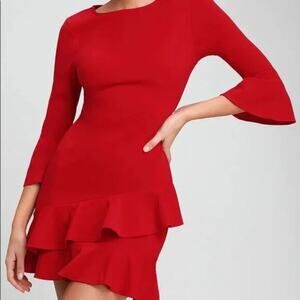 Lulus Sensational Statement Red Ruffled Bodycon Dress Size Small